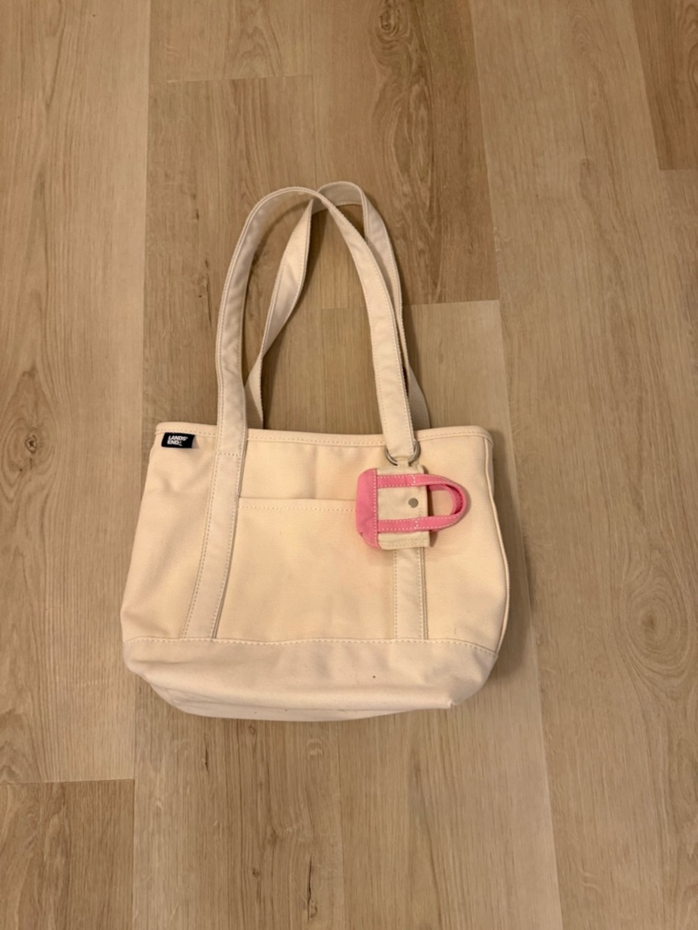 Lands' End Cream Canvas Tote with Pink Buckle Accent